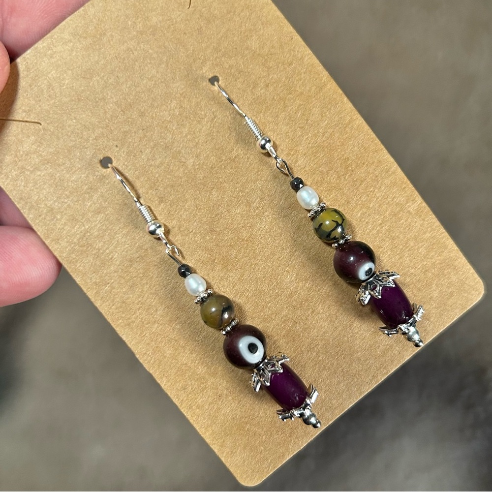 Handcrafted elegant vintage bead cat eye glass faceted hematite earrings